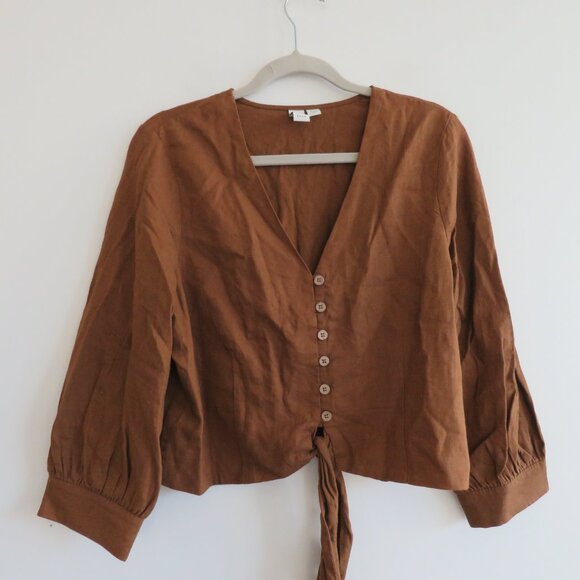 JOIE Linen Blend Cropped Button Tie Front Blouse Top in Brown Boho Cottage Sz M - Picture 3 of 14